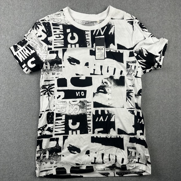 Guess Shirt Mens Small Clean White Multi SS BSC Crop College Crew Graphic NWT - Picture 1 of 7